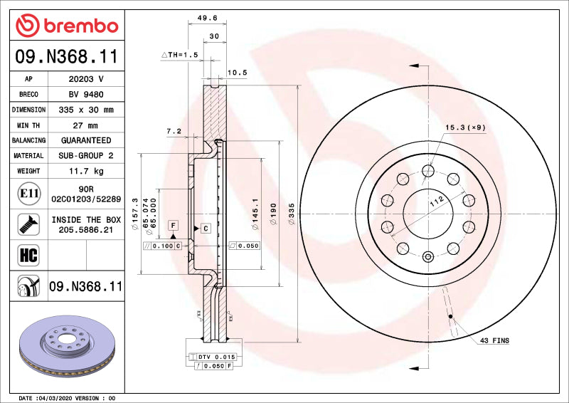 Brembo 21-22 Lexus ES250/19-22 Lexus ES300h/19-22 Lexus ES350/19-22 UX200 Front UV Coated Rotor